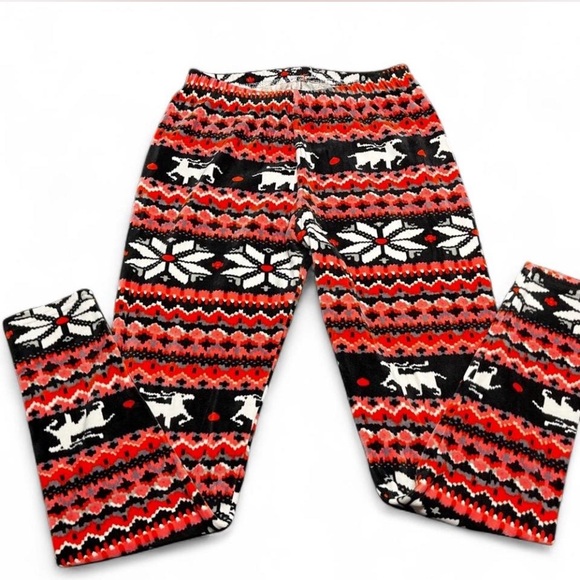 Festive Velour Red and Black Leggings, L - Picture 2 of 8